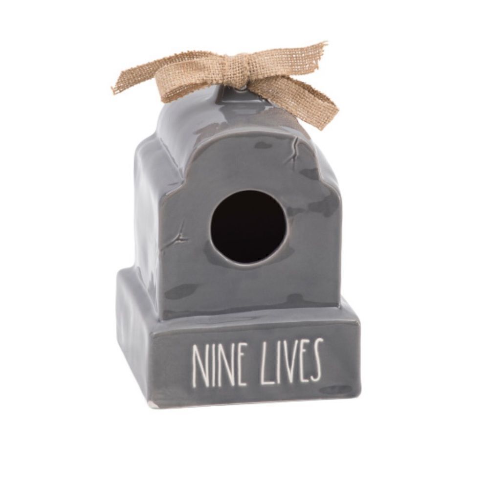 Rae Dunn gray ceramic bird house nine lives